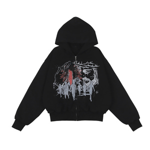 OEM de luxe propre logo sweat à capuche personnalisé fermeture éclair sérigraphié unisexe Y2k Vintage impression sur <span class=keywords><strong>Deman</strong></span> DTG impression directe sweat à capuche - Product Image 1