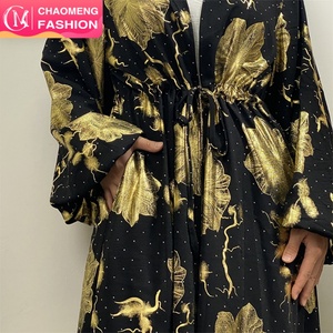 1444# Classy Gorgeously Gold Flowers Print With Shiny Rhinestones With Hidden Belt With Pockets Women Eid Black Abaya - Product Image 1