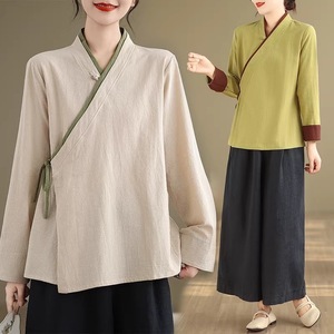 Chinese Style Diagonal Placket Cotton Linen Shirt Women Loose Zen Tea Dress Natural Hemp Green Coffee Color Daily Wear - Product Image 1