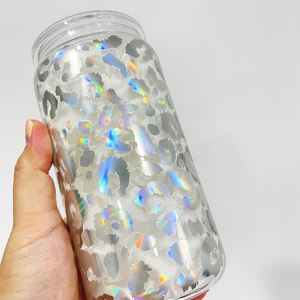 Vaso de Cerveza Transparente de 16 oz con Diseño de Leopardo Holográfico Decorado con Vinilo Adhesivo, con Tapas de Plástico PP Transparente, Disponible en Almacén de EE. UU. - Product Image 3