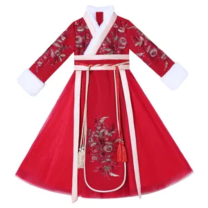 Hanfu rok anak perempuan, baju anak perempuan penuh musim dingin China, rok lengan panjang kinerja pesta kuno tradisional, Gaun hangat merah untuk anak perempuan