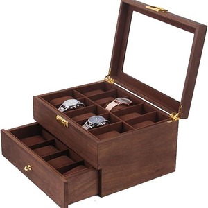 Caja de almacenamiento de relojes de madera maciza de doble capa con tapa de cristal y cajón para organizar joyas 29x21,5x15cm - Product Image 4