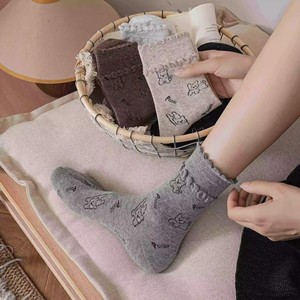 Lace Socks Women Mid Calf Sweet Puppy Print Breathable Sweat Absorbing Regular Casual Socks Solid Color Polyester Fiber - Product Image 1