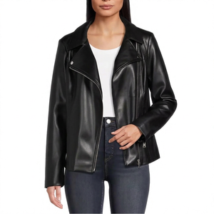 <b>Women</b> Black Leather Jacket Full Zip Lapel Collar Casual Biker Outerwear Winter <b>Coat</b> <b>Women</b> Black Leather Jackets - Product Image 2