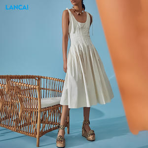 Vestido MIDI <span class=keywords><strong>de</strong></span> <span class=keywords><strong>mujer</strong></span> plisado con cuello profundo suave <span class=keywords><strong>de</strong></span> algodón 100% personalizado con correa ancha para <span class=keywords><strong>ropa</strong></span> informal <span class=keywords><strong>de</strong></span> verano - Product Image 5