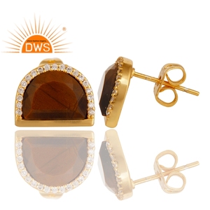 Indian <b>Jewelry</b> Manufacturer <b>Tiger</b> <b>Eye</b> Zircon Gemstone Earrings Sterling Silver Gold Plated Half Moon Design Stud Earrings - Product Image 3