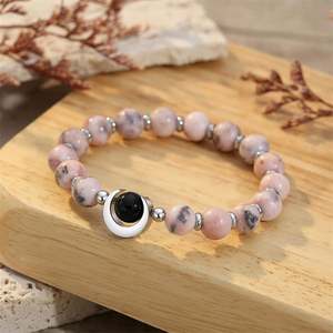 2025 Wholesale 316L Stainless Steel Moon Charm Natural Stone Rhodonite Beaded Elastic <b>Bracelet</b> for Woman - Product Image 2
