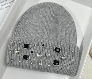 Wholesale Fashion High Quality Custom <b>Winter</b> Women Knitted Cap Logo Wholesale Colorful Crystal Rhinestone Beanie <b>Hats</b> - Product Image 2