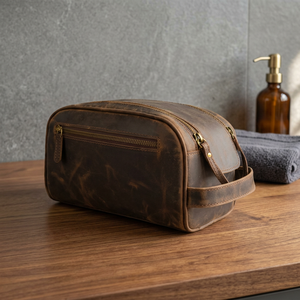 Trousse de Toilette en Cuir Moyenne Vintage avec Fermeture Éclair, Étui Cosmétique Durable avec Poignée Souple - Product Image 2