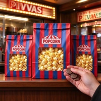 Sac en papier kraft pour pop-corn avec fenêtre transparente, sac en papier à dessus torsadé rayé rouge et bleu pour l'emballage de collations de cinéma
