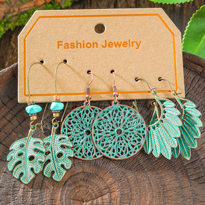 Boucles d'oreilles pendantes bohèmes tendance en alliage plaqué bronze antique à motif végétal, ensemble de bijoux de fête pour femme - Product Image 2