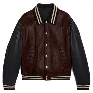 Men's Brown <b>Leather</b> Varsity <b>Jacket</b> With Black Sleeves Turn-down Collar Casual Style Autumn Wear - Product Image 1