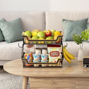 Two Tier Wire Mesh Fruit Basket Black Kitchen Countertop Storage Rack For Bread And Vegetables - Product Image 4