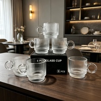 Lot de 6 tasses à café en verre transparent côtelé avec poignées, tasses à rayures verticales en relief pour thé, lait, latte et vaisselle de table pour la maison ou le café