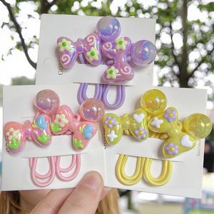 套装<span class=keywords><strong>2</strong></span>可爱手工涂鸦蝴蝶结发条可爱面料头带双珠橡皮筋适合儿童女孩长发甜美 - Product Image 1