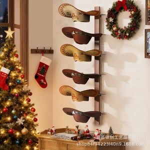 Solid Wood Wall Mounted Cowboy Hat Rack Multi Layer Storage Display <b>Home</b> Decoration Punch Free Installation - Product Image 1