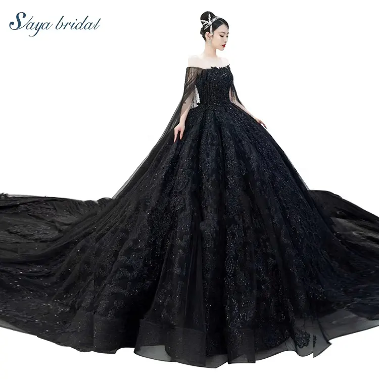 2020 New design black jacket strapless sleeveless lace up backless hand made embroidery and bead bridal gown