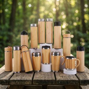 Termo de café de 12/17 oz con pajita, vaso ecológico de acero inoxidable con tapa de bambú - Product Image 1