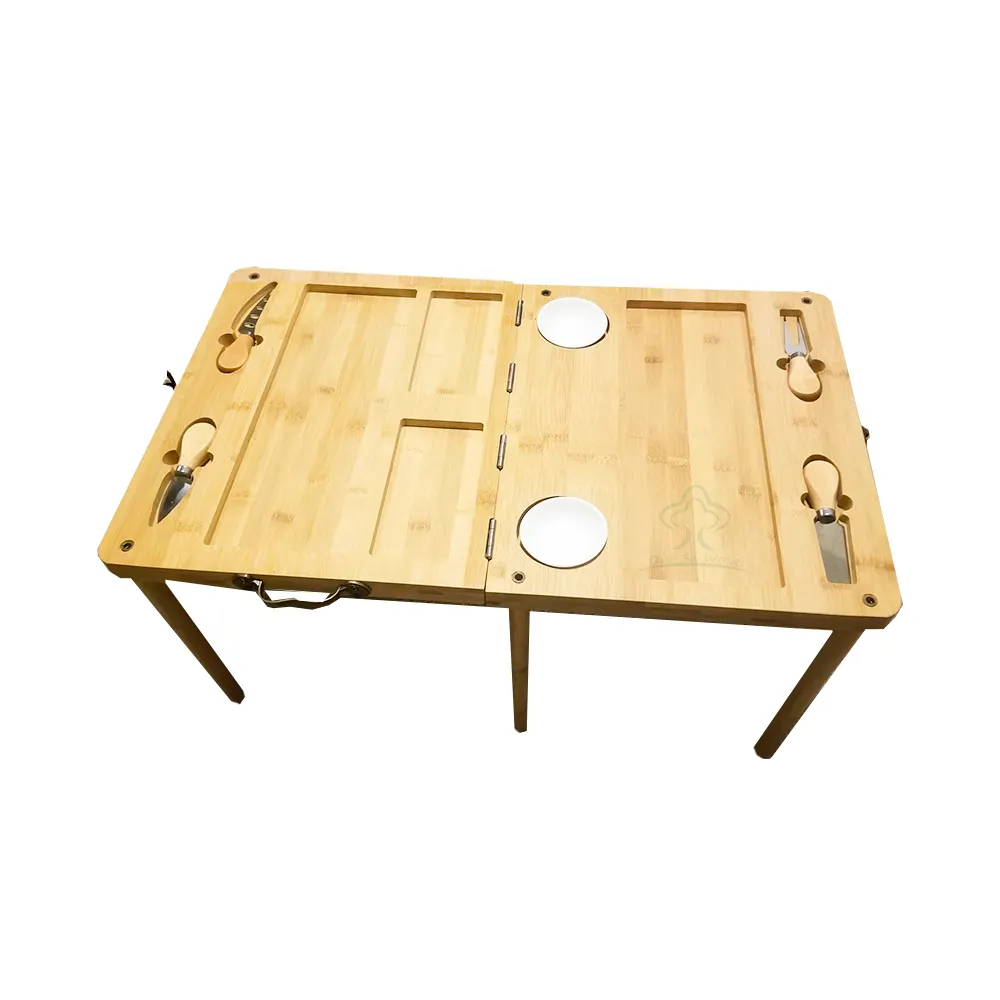 Mesa de pícnic 2 en 1 y tabla de quesos, mesa de camping plegable portátil mesa de aperitivos de bambú para pícnic, playa, camping, fiesta interior