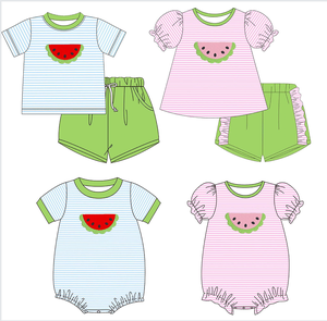 Pre-orden al por mayor: Conjuntos cortos <span class=keywords><strong>de</strong></span> verano para bebé (niño/niña) con apliques <span class=keywords><strong>de</strong></span> sandía a rayas, ropa <span class=keywords><strong>de</strong></span> boutique para niños. - Product Image 1