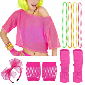 Vente flash : <span class=keywords><strong>haut</strong></span> en maille <span class=keywords><strong>rose</strong></span> fluo avec bandeau, boucles d'oreilles, colliers pour Halloween, danse disco, costume de fête rétro années 80 pour femmes - Product Image 6
