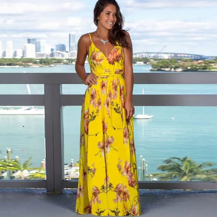 Boho Resort Tropical Print Deep V Sleeveless Halter Day Beach Dress