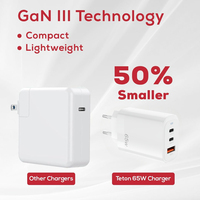 Cargador Rápido PD QC de 65W con 3 Puertos, Enchufe Europeo, Cargador de Pared Multipuerto con Doble Tipo-C y USB-A para Teléfono y Portátil con Cable Tipo-C