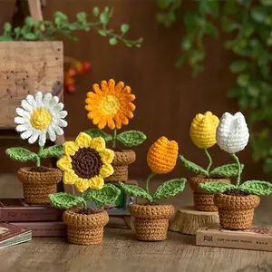 Crochet tricot fleurs en pot <span class=keywords><strong>maison</strong></span> Crochet Rose tulipe marguerite bureau bureau ornements voiture automobile décoration intérieure - Product Image 1