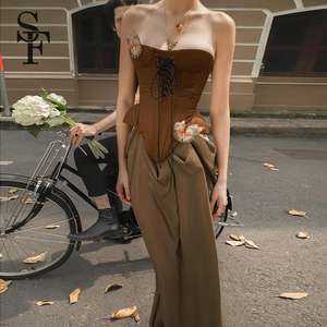 SHENGFU Abito Lungo Senza Spalline con Corsetto Drappeggiato per Donna, Stile Vintage Fatato ed Elegante - Product Image 2