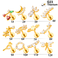 Pendientes de cartílago Maina Gold de titanio ASTM F136 con circonita cúbica (CZ) en forma de marquesa y luna de cereza, tipo stud de base plana para lóbulo de la oreja y piercing de tragus