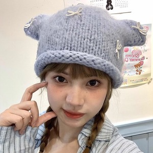 Bonnet tricoté avec oreilles de chaton mignonnes et nœud pour femme, chapeau à oreilles couvrantes pour l'automne et l'hiver, bleu, noir, rouge, blanc - Product Image 2