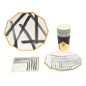 Wholesale <b>Disposable</b> Decagon 10 Inch/8 Inch Paper <b>Plates</b> Tableware Set Black and White <b>Disposable</b> Cutlery Party Supplies - Product Image 1