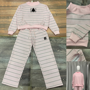 Ensemble sweat-shirt à col montant rayé en molleton de coton et pantalon de détente à cordon de serrage, broderie personnalisée, ensemble de survêtement décontracté pour femmes en deux pièces - Product Image 4