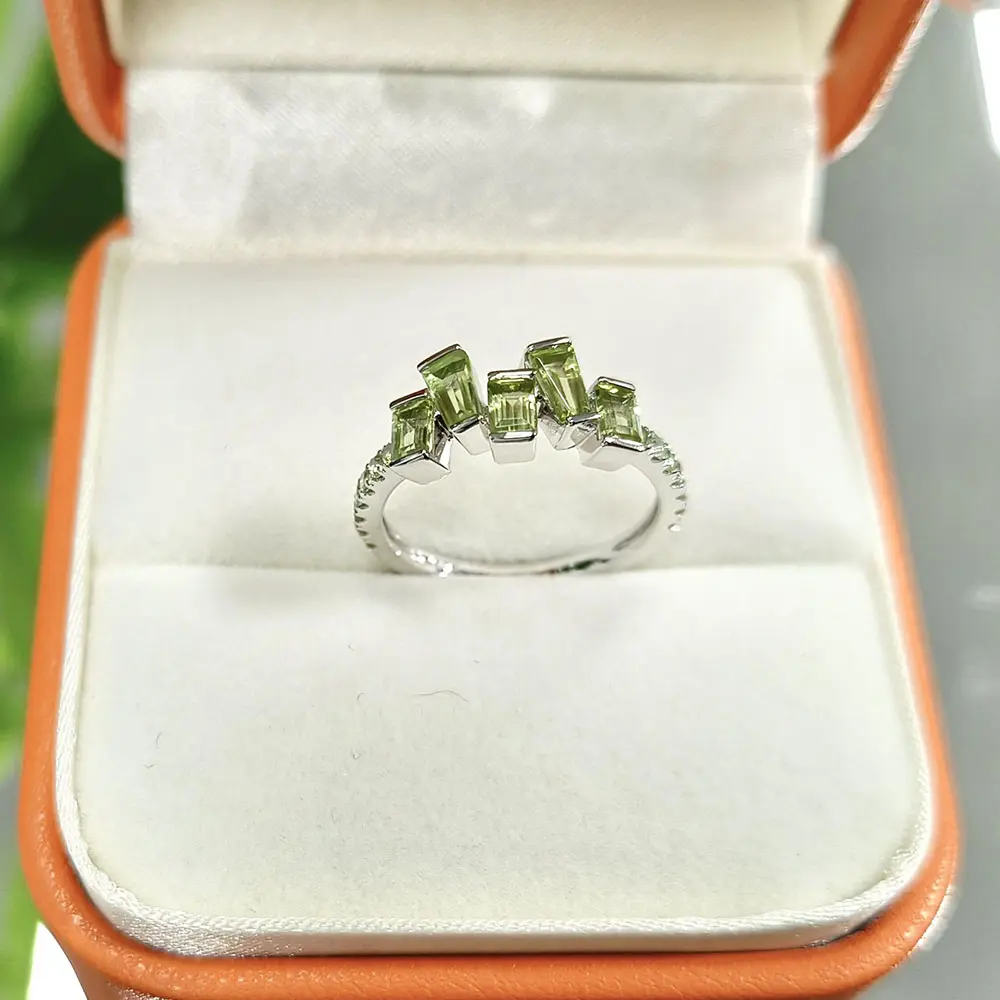 Baguette Cut Weiß Solid Gold Ring Echte natürliche Peridot Green Stones Hochzeit Verlobung ringe für Frauen