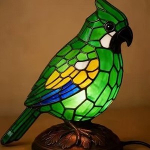 Modern Tiffany Electric Resin Ornament Glass Shade 2700K <strong>Warm</strong> White Cardinal Bird Table <strong>Lamp</strong> E14 Bulb Base LED Lighting Battery - Product Image 6