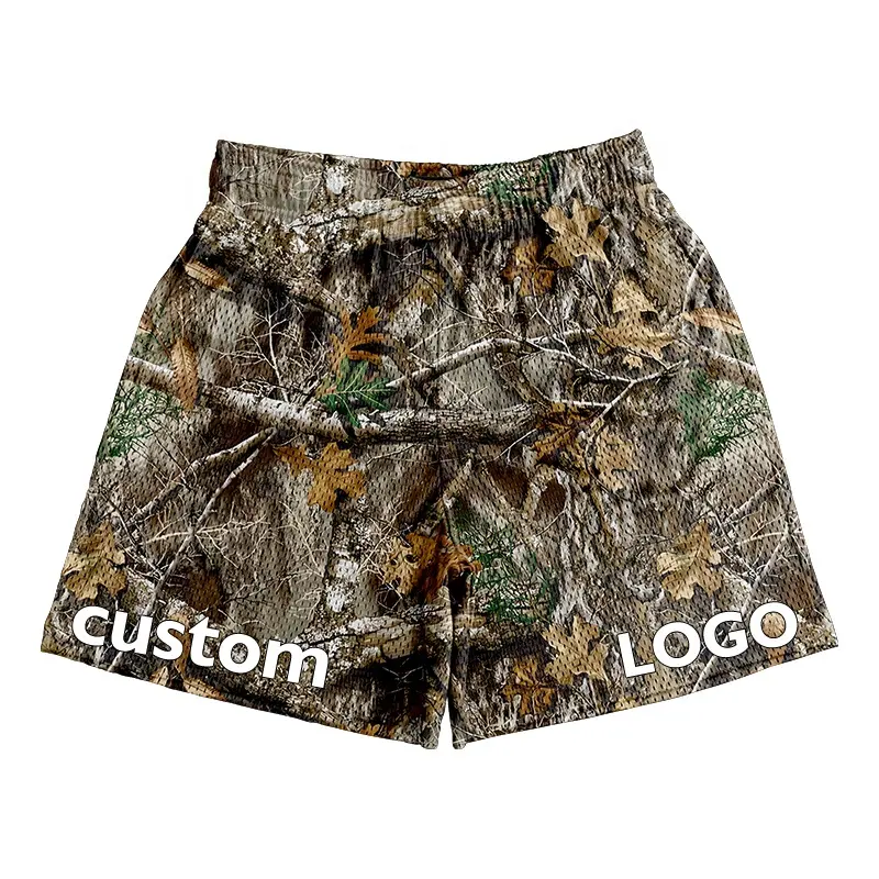 Shorts masculinos de malha estampada camuflada retrô de alta qualidade, verão, logotipo personalizado, sublimação, casual, casual, fabricante de malha