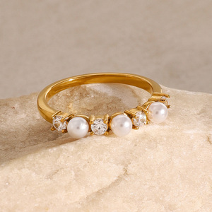Elegant Pearl <b>Ring</b> 18k <b>Gold</b> Stainless Steel With Zircon Prong Setting Unisex Fashion Jewelry Gift - Product Image 2