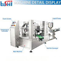 Machine automatique de remplissage et d'emballage de sachets à bec verseur pour liquides et pâtes, idéale pour les sauces salade, tomate, chili, mayonnaise, ketchup et barbecue.