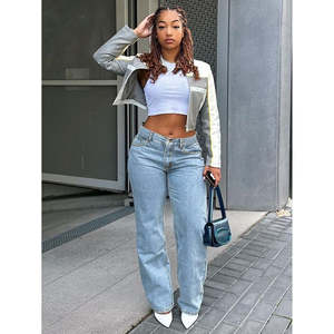 Jeans en denim bleu clair taille haute mi-longueur pour femmes, coupe droite, ample, extensible, style 'maman', livraison gratuite aux États-Unis - Product Image 5