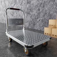 Chariot à plateforme robuste en acier galvanisé à carreaux, capacité 300 kg, avec poignée pliable, quatre roues, chariot à main à plateau plat, couleur argent 1
