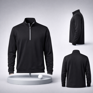 ผู้ผลิตเสื้อผ้าแบบกำหนดเอง Sportwear Design เสื้อกอล์ฟแบบสวมหัวคอซิป ¼ ซิป ผ้าถักสีดำ แห้งเร็ว คุณภาพสูง หรูหรา - Product Image 1