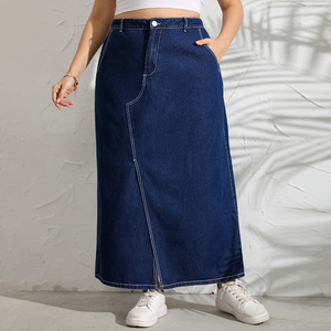 <strong>Fashion</strong> Wholesales Ladies Denim Jeans <strong>Skirt</strong> Front Slit Long Womens Indigo <strong>Skirt</strong> for Plus Size Women - Product Image 1