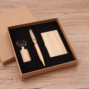 Presente para as crianças Novo conjunto de presente elegante e simples 3 em 1 Woody Pen Keychai E Cardcase Gift Set Com Logotipo