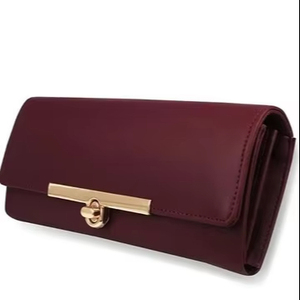 Elegant Burgundy Leather Clutch <b>Wallet</b> for Women Slim Fold Over Purse with Gold Clasp Stylish Evening Handbag - Product Image 1