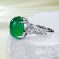 Grande bague en agate ovale 12*14mm en argent 925 calcédoine verte glacée avec anneaux fins incrustés