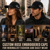 Casquette de baseball personnalisée brodée de roses, 6 panneaux, en sergé de coton, réglable, style vintage minimaliste, vente en gros, OEM, faible MOQ