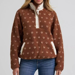Fabricant de vestes courtes en molleton Sherpa pour femmes, personnalisées, à col montant, demi-fermeture à boutons-pression, à imprimé fer à cheval et à blocs de couleur - Product Image 1