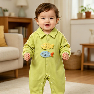 Herfst Cartoon Vispatroon Lange Mouwen Unisex Baby Romper Ronde Hals Knoop 100% Katoen Wasbaar Ademend Babykleding - Product Image 2