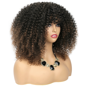 Nouvelle arrivée 16 pouces Afro Kinky Curly Perruque avec Bangs pour les femmes noires Glueless Full and Fluffy Bomb Long Curly Hair Perruques - Product Image 2