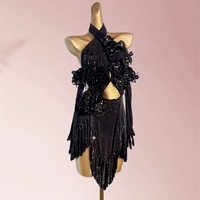 Robe de performance pour adulte de danse latine, imprimé floral, avec diamants et pompons, 100% polyester, style kits